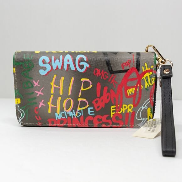 Women's Large Wallet PARK AVENUE Black Graffiti Roomy Wristlet Clutch - Picture 3 of 5